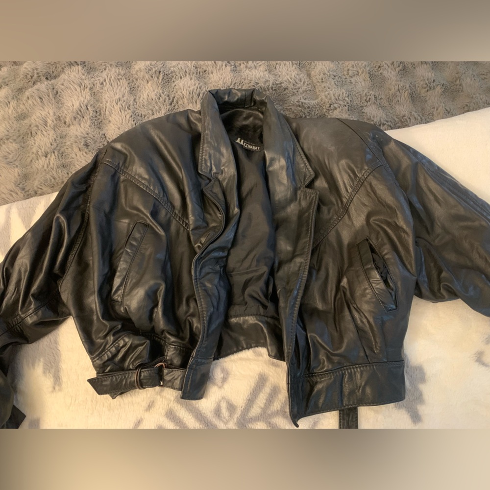 Mint Black Leather Bomber Jacket